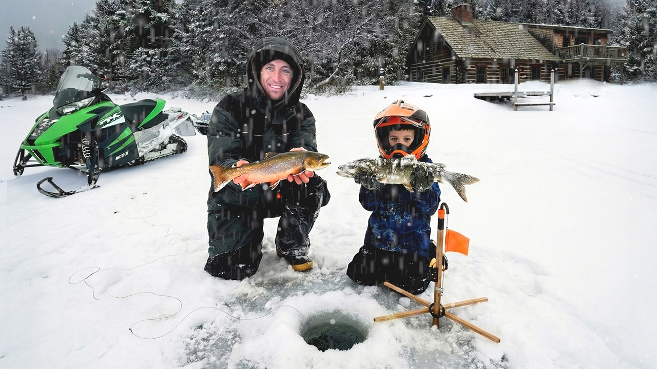 YouTube post by @jacobknowles5421 for Huckberry. Caption reads: 4 days remote ice fishing, exploring, and building....