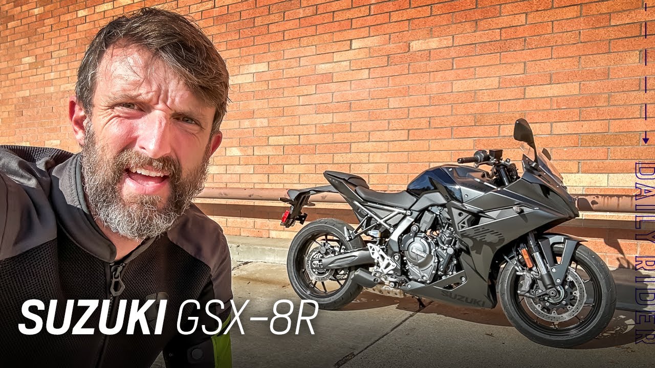 YouTube post by @RevZilla for Progressive. Caption reads: 2025 Suzuki GSX-8R Review | Daily Rider.