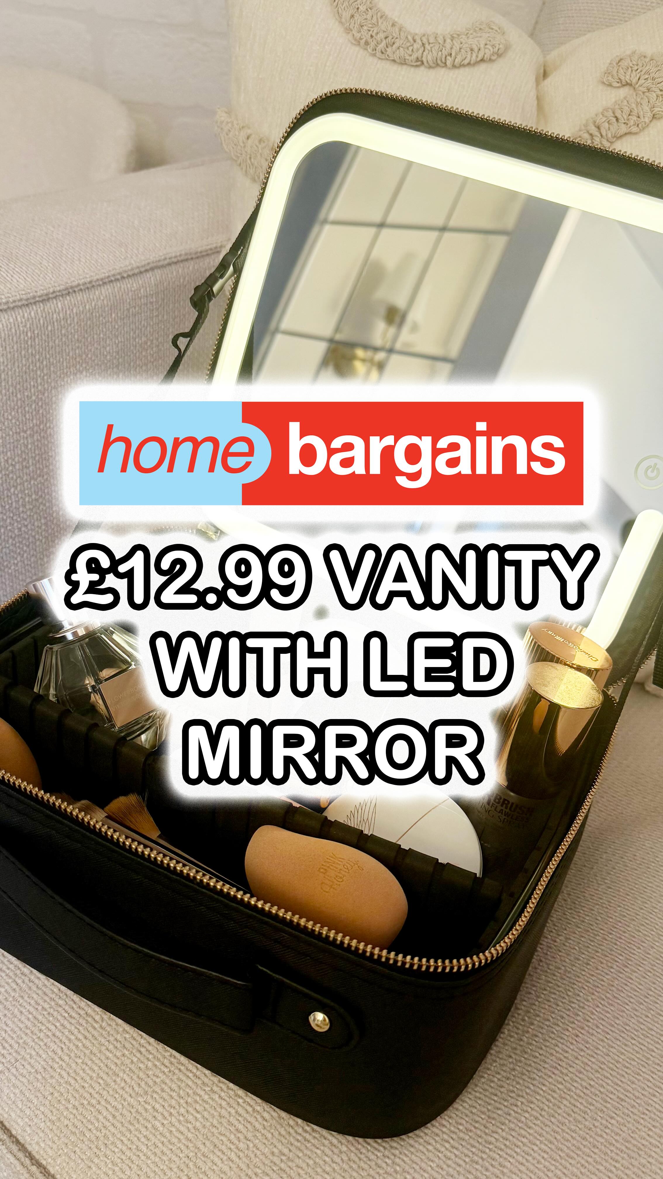 Instagram post by @ashleighmoneysaver for Home Bargains. Caption reads: Why did no one tell me about this LED vanity case....