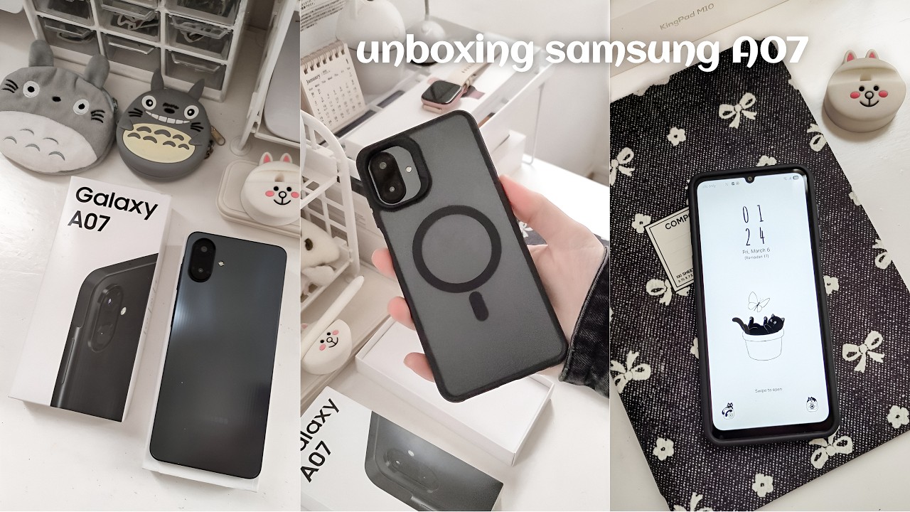 YouTube post by @Pikushii for Pufino. Caption reads: Samsung galaxy A07 aesthetic unboxing ✨ new Case,....