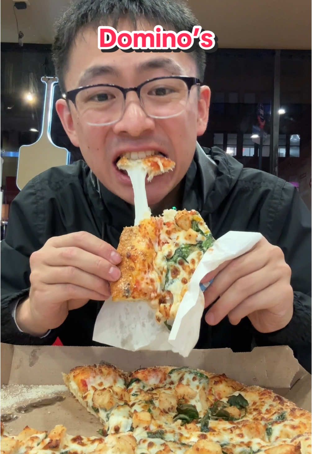 TikTok post by @thejcheneats for Domino Pizza. Caption reads: #ad Late night @Domino’s hits every time 🍕....