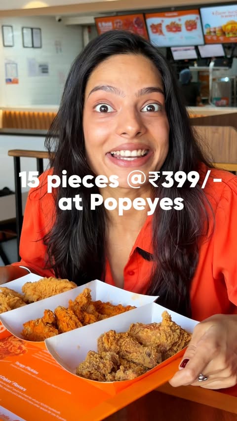 Instagram post by @chaloo.fir for Popeyes. Caption reads: 🍗 What’s on my @popeyes_india plate:
Signature....