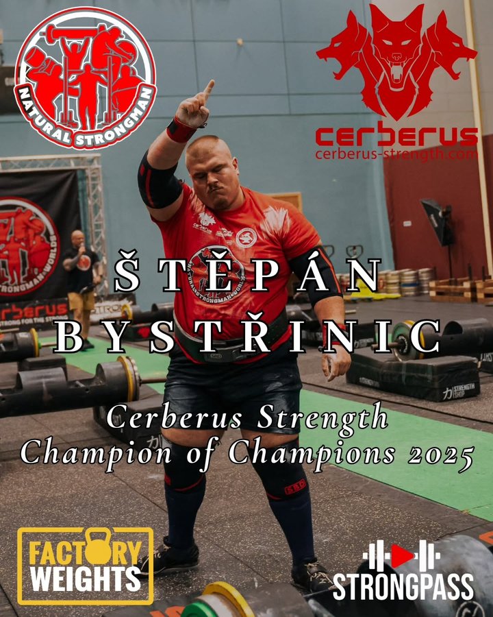 Instagram post by @factoryweightsuk for – Cerberus Strength. Caption reads: The 2024 Natural World's Strongest Man and current....