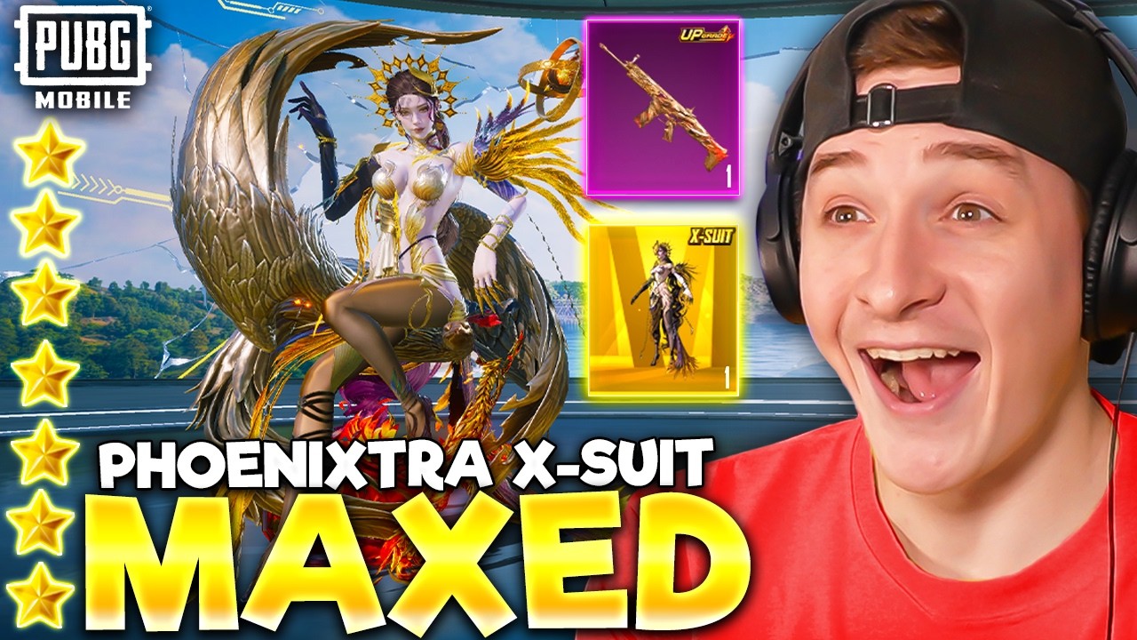 YouTube post by @Wynnsanity for PUBG Mobile Esports. Caption reads: MAXED 7-STAR PHOENIXTRA X-SUIT & SCAR-L GUN LAB!....