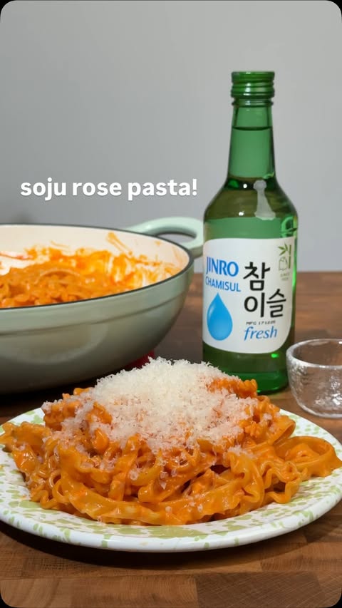 Instagram post by @thefoodinbox for Jinro. Caption reads: [...] Friday night ritual - Soju Rose pasta 🍝....