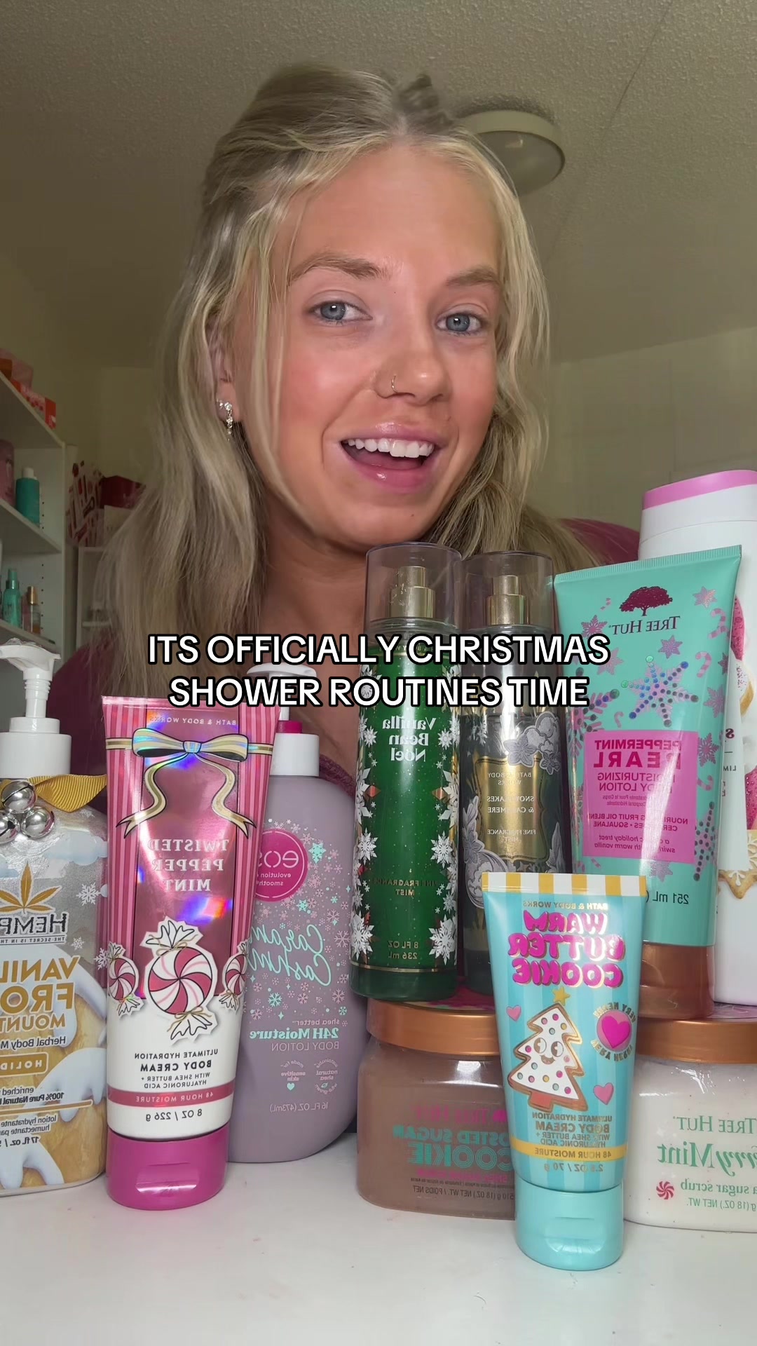 TikTok post by @hannahradaa for Hempz. Caption reads: [...] #christmastok @Bath & Body Works @eos....