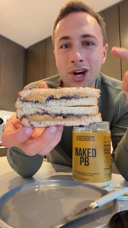 Instagram post by an influencer for Naked Nutrition. Caption reads: [...] me! 🥜🫐🍞 What you need: @nakednutrition....
