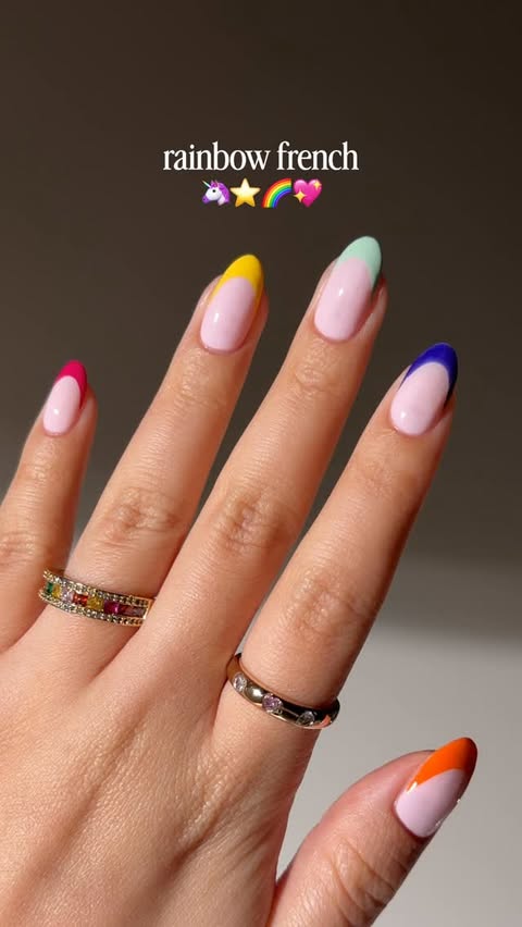 Instagram post by @bycheznails for ella+mila. Caption reads: [...] 😎☀️ad rainbow french tips using all....
