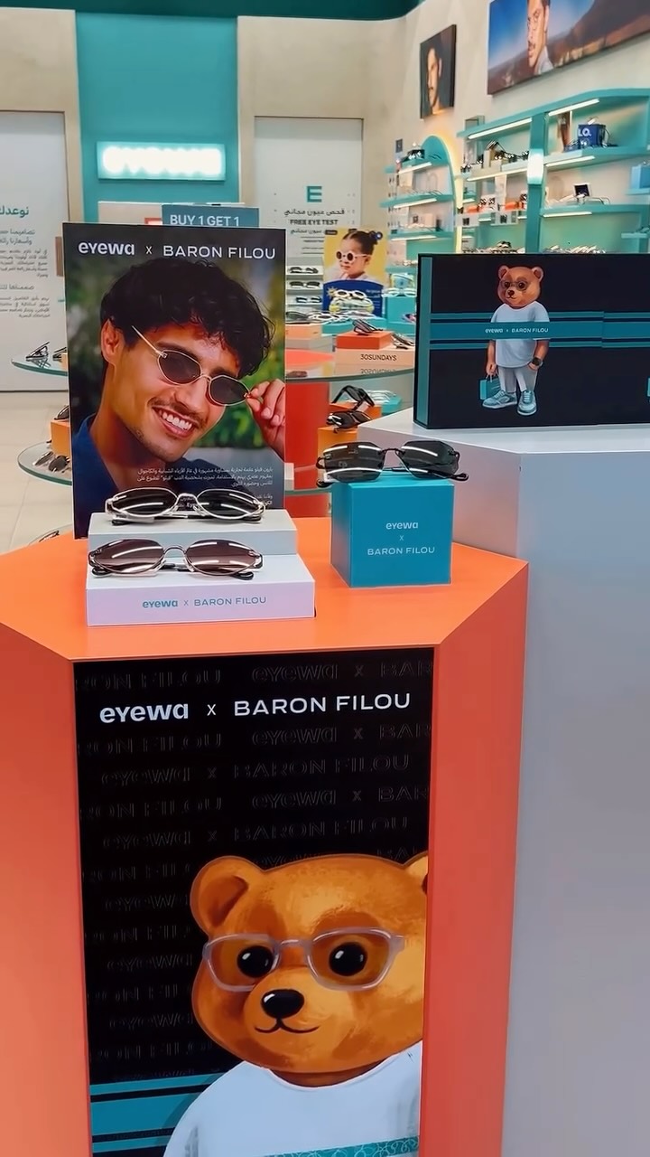 Instagram post by @larahmohd for eyewa. Caption reads: @eyewa X @baronfilou 🧸🩵
Obsessed with the new....