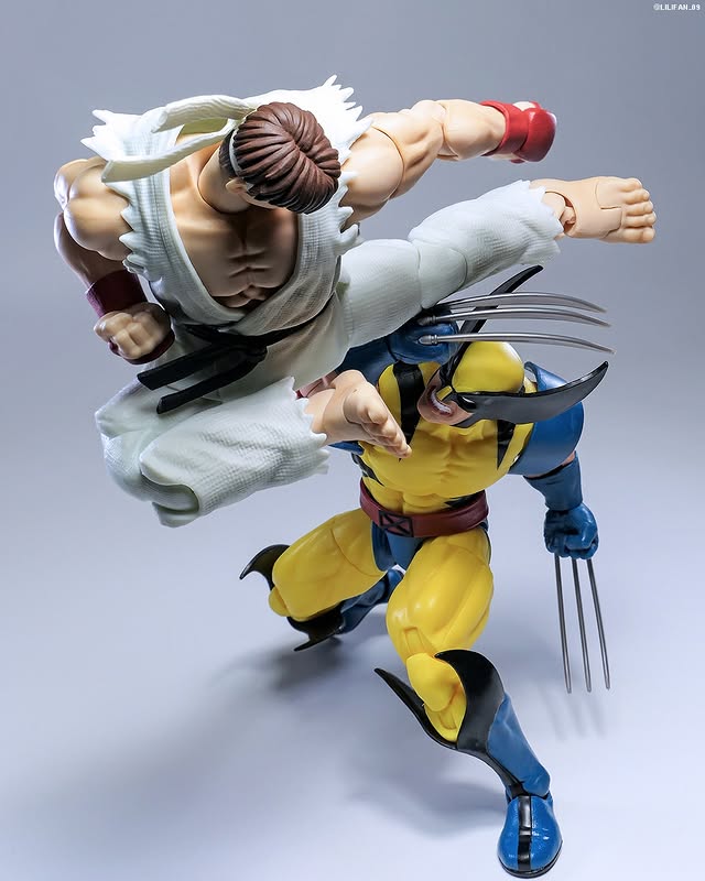 Instagram post by @lilifan_09 for Hasbro Pulse. Caption reads: 🦶🏻💥 \|/ Wolverine by @hasbropulse Ryu by....
