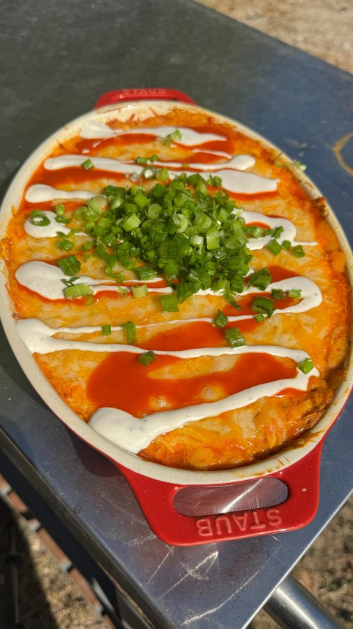 Instagram post by @girlgonegrilling for Bear Mountain BBQ. Caption reads: This smoked buffalo chicken dip is the ultimate....