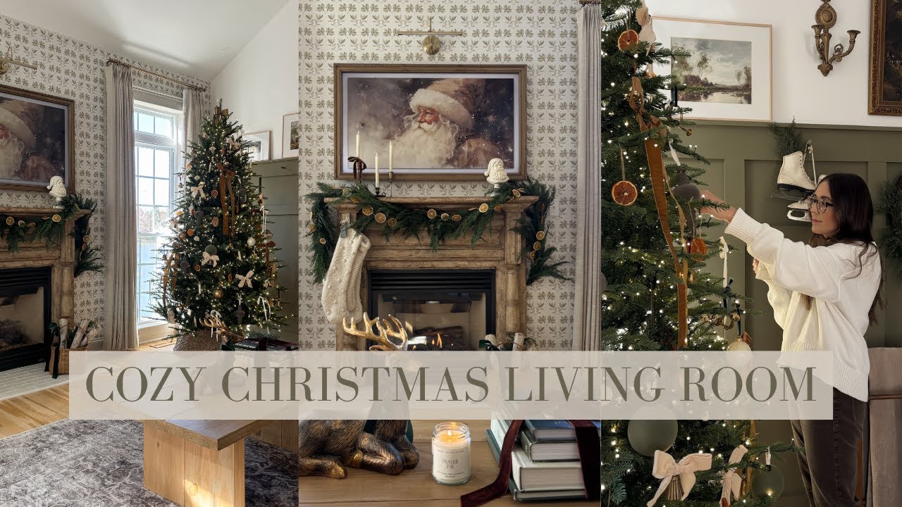 YouTube post by @houseandholm for Chita Living. Caption reads: Our Cozy Christmas Living Room 2025 | Rearranging,....