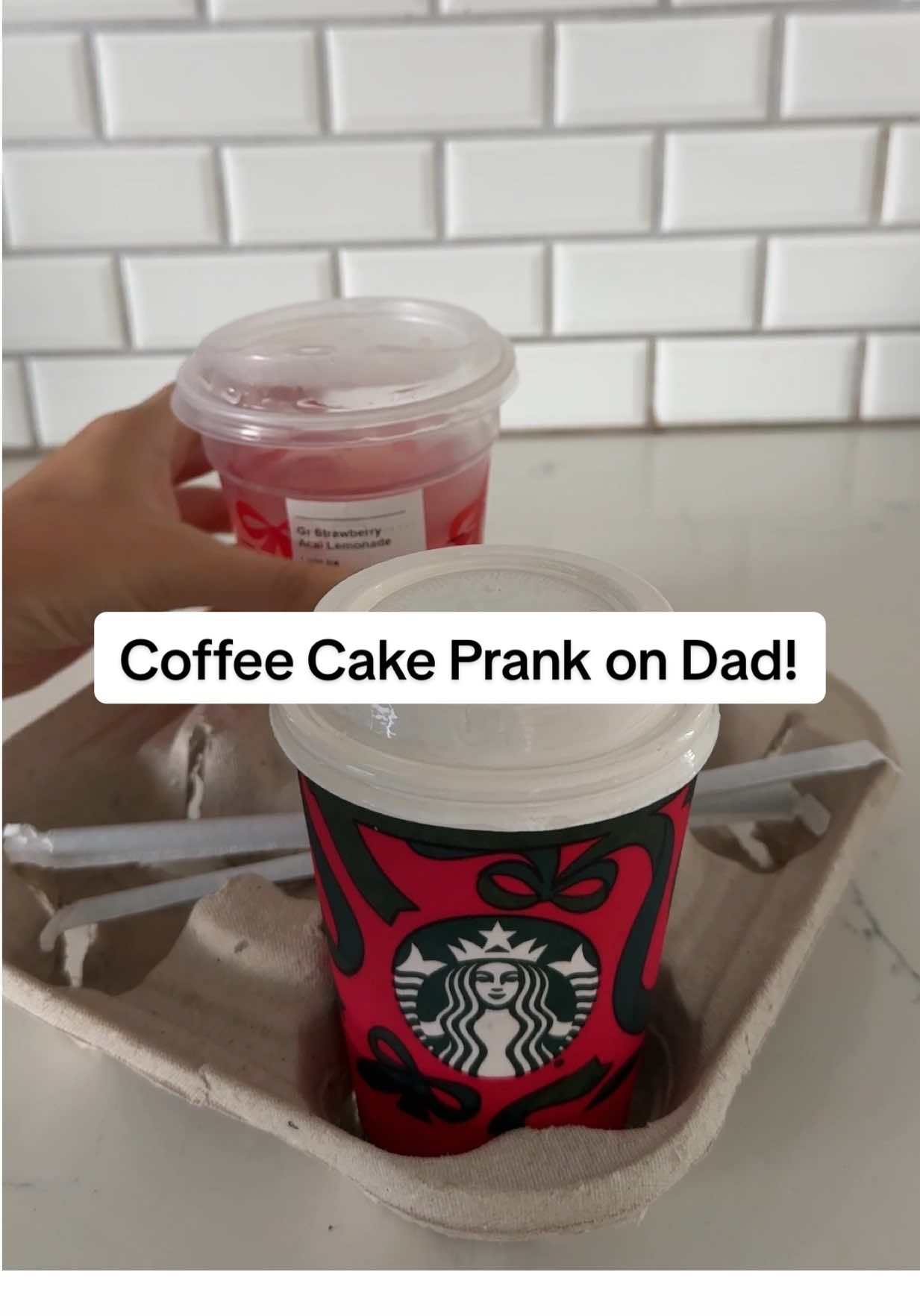 TikTok post by @cakesbymarian for Starbucks. Caption reads: Pranking my dad with a @Starbucks coffee… cake!....