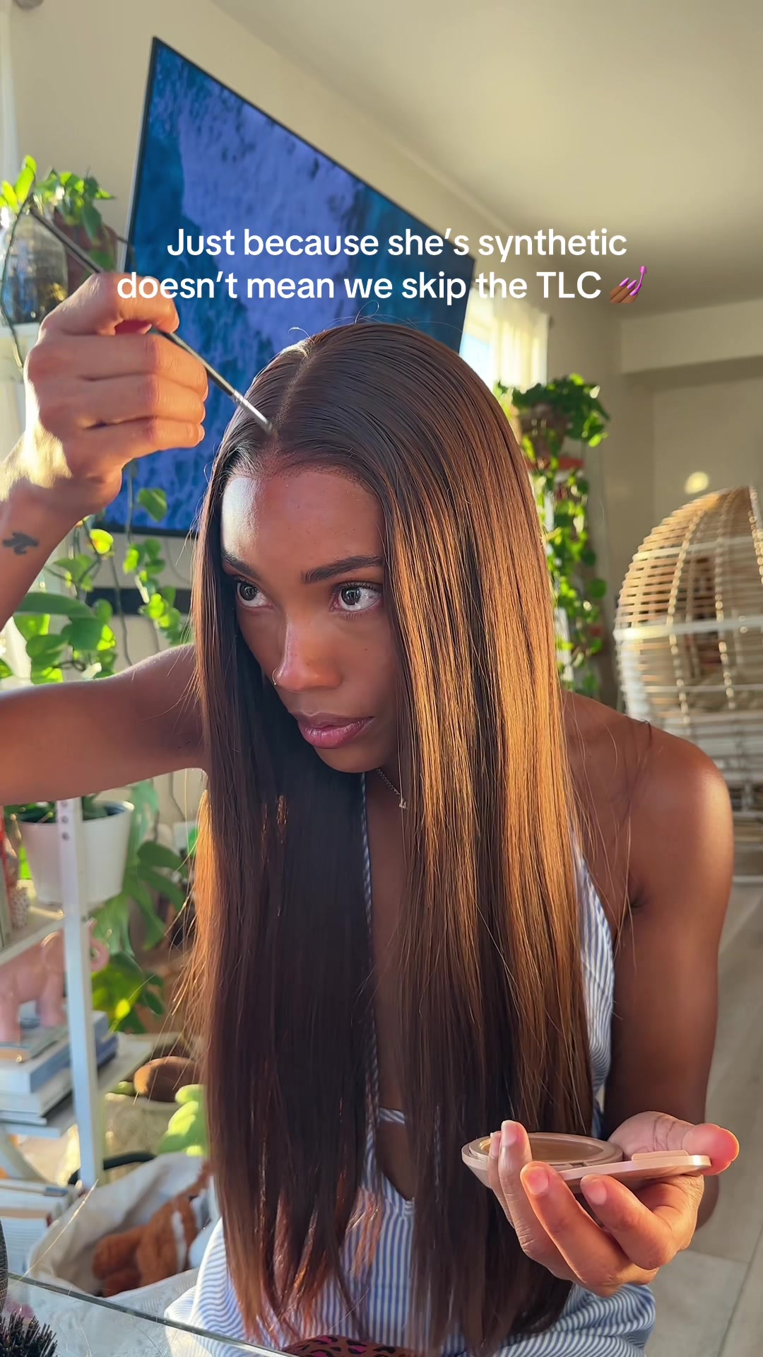 TikTok post by @lovelybryana for U&A Hair Shop. Caption reads: [...] tlc to get this synthetic wig laid! @U&A....