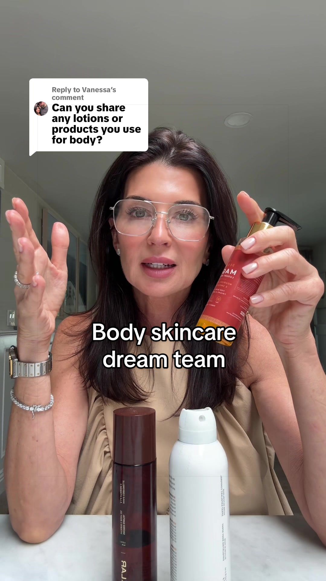TikTok post by @sarahgzeiler for Besque. Caption reads: [...] in tone & texture. #bodyskincare @Besque....