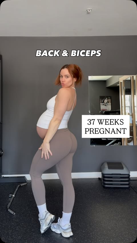 Instagram post by @laurenlf for TLF Apparel. Caption reads: Back & biceps at 9 whole months pregnant....