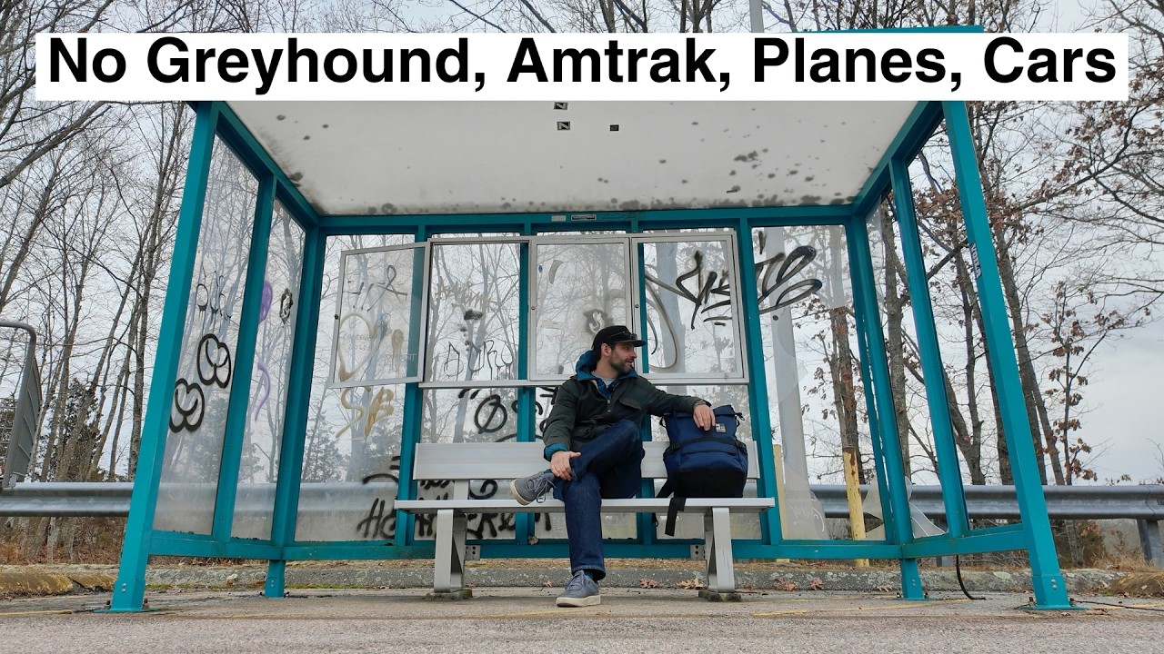 YouTube post by @AdamDoesNotExist for Saily. Caption reads: NYC to Boston on Public Transit Only.