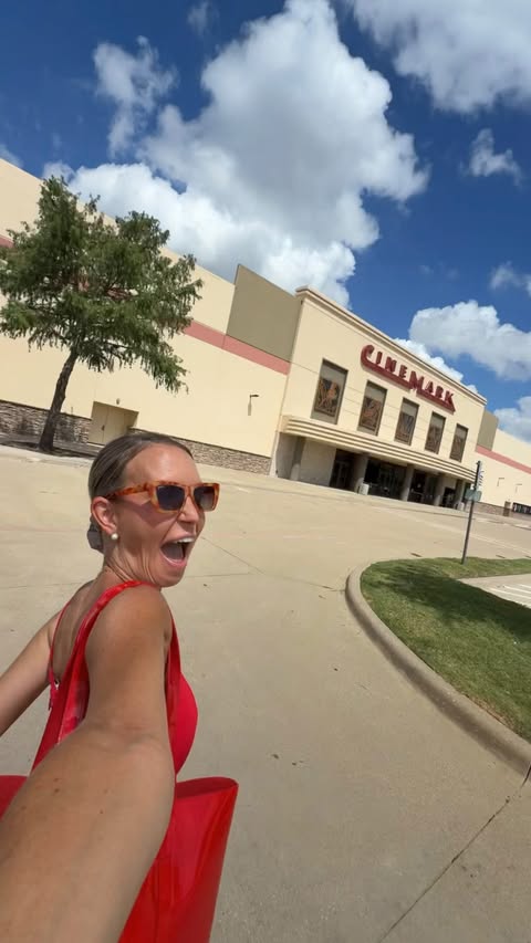 Instagram post by @lindsaystewartdotcom for Cinemark Theatres. Caption reads: What are three words we all love to hear but we....