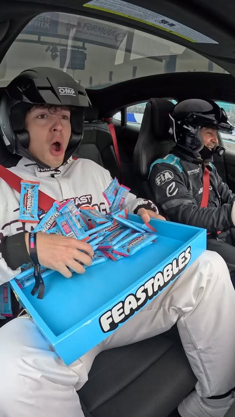 Instagram post by @clix for Feastables. Caption reads: Eating Feastables at 150mph 🏎️ #feastablespartner....