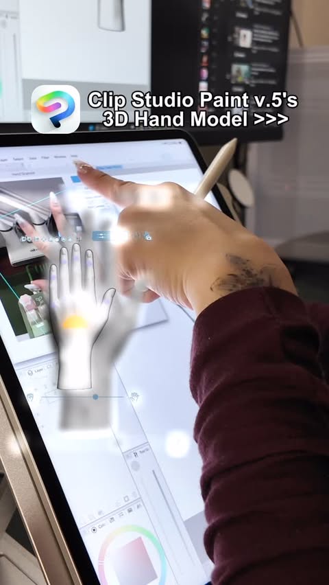 Instagram post by @pixzli for Clip Studio Paint. Caption reads: Clip Studio Paint v.5 new standalone 3D hand model....