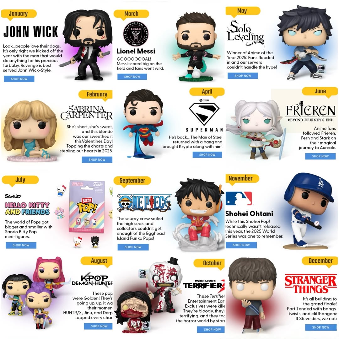 Instagram post by @funkopopsnews for Funko. Caption reads: A year in Funko POPs! EE reveals the POP! That....