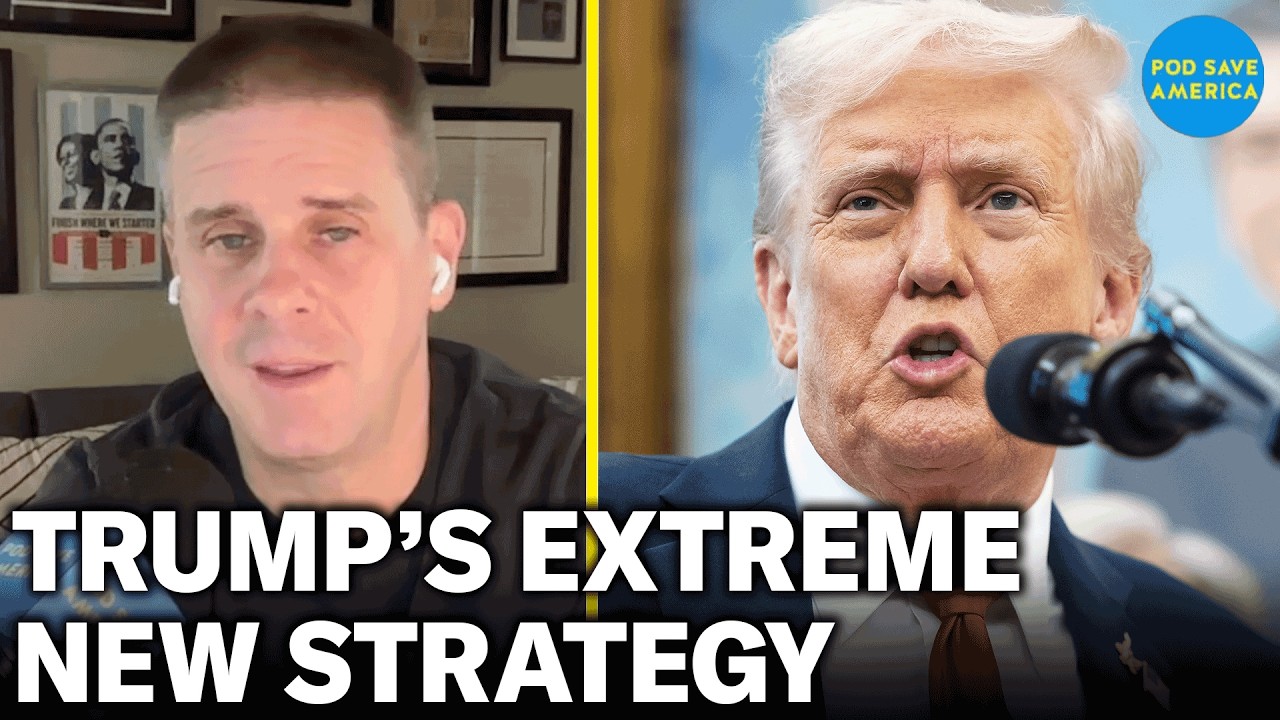 YouTube post by @podsaveamerica for Hiya. Caption reads: Trump Reveals EXTREME Strategy In Government....