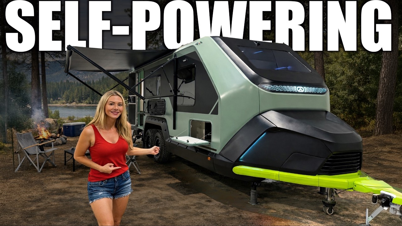 YouTube post by @ItsKimJava for Tesla. Caption reads: This Trailer Can Charge Your EV While You Tow It!.
