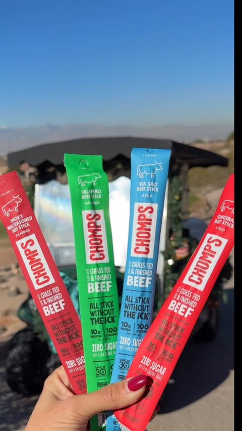 Instagram post by @jennnbellee for Chomps. Caption reads: Fueled by Chomps driving around the golf....