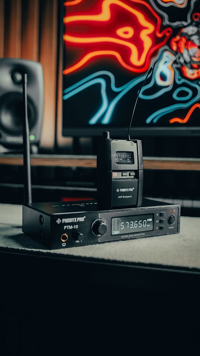 Instagram post by @marcelocidrack for Phenyx Pro. Caption reads: Phenyx Pro PTM-10 | Wireless In-Ear Monitoring....