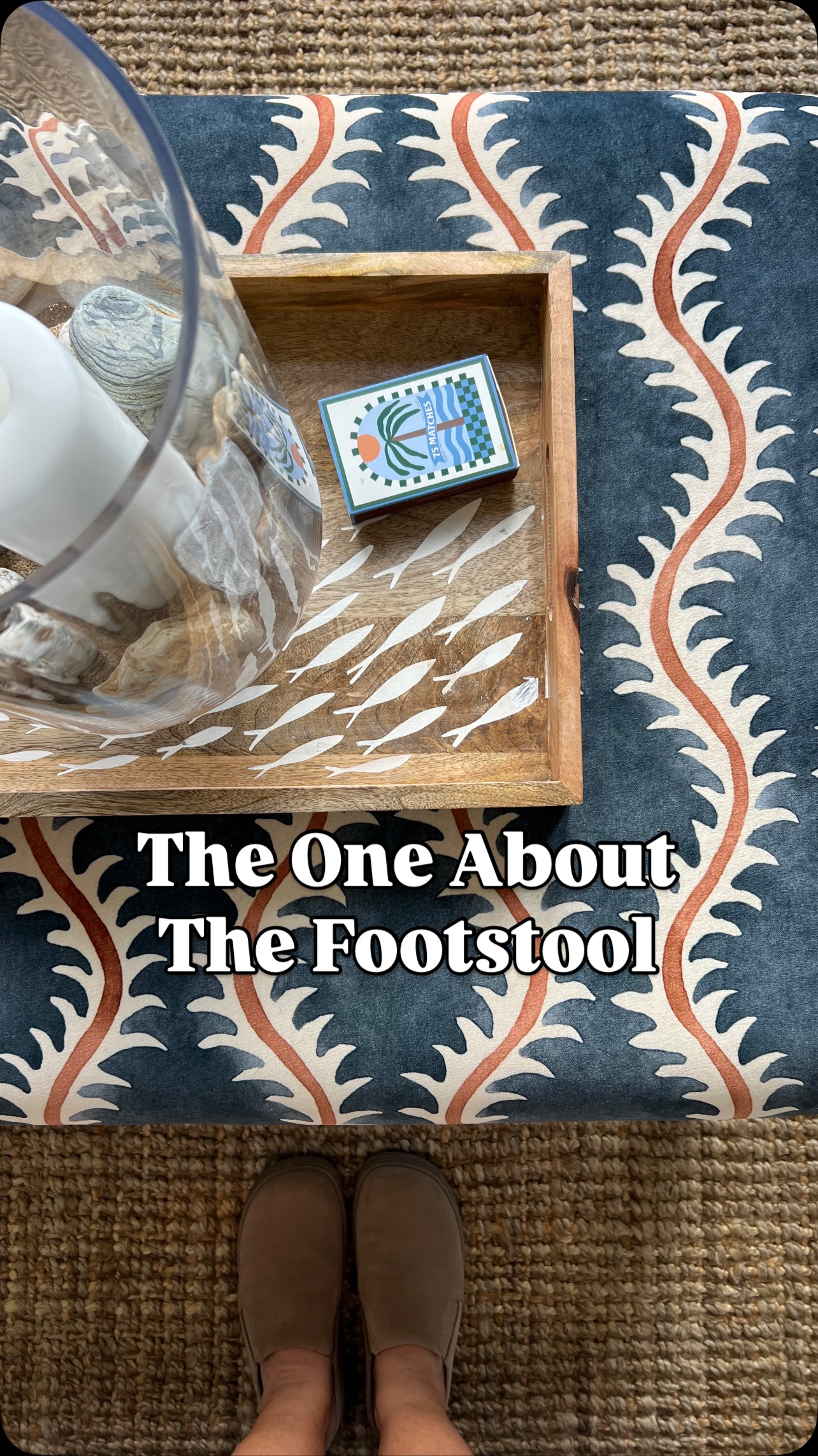 Instagram post by @gettingstuffdoneinheels for Linwood Fabric. Caption reads: The evolution of the most fantabulous footstool, a....