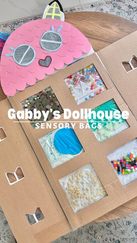 Instagram post by @crafty.moms for Gabby's Dollhouse. Caption reads: [...] your little one open first? 👀👇....
