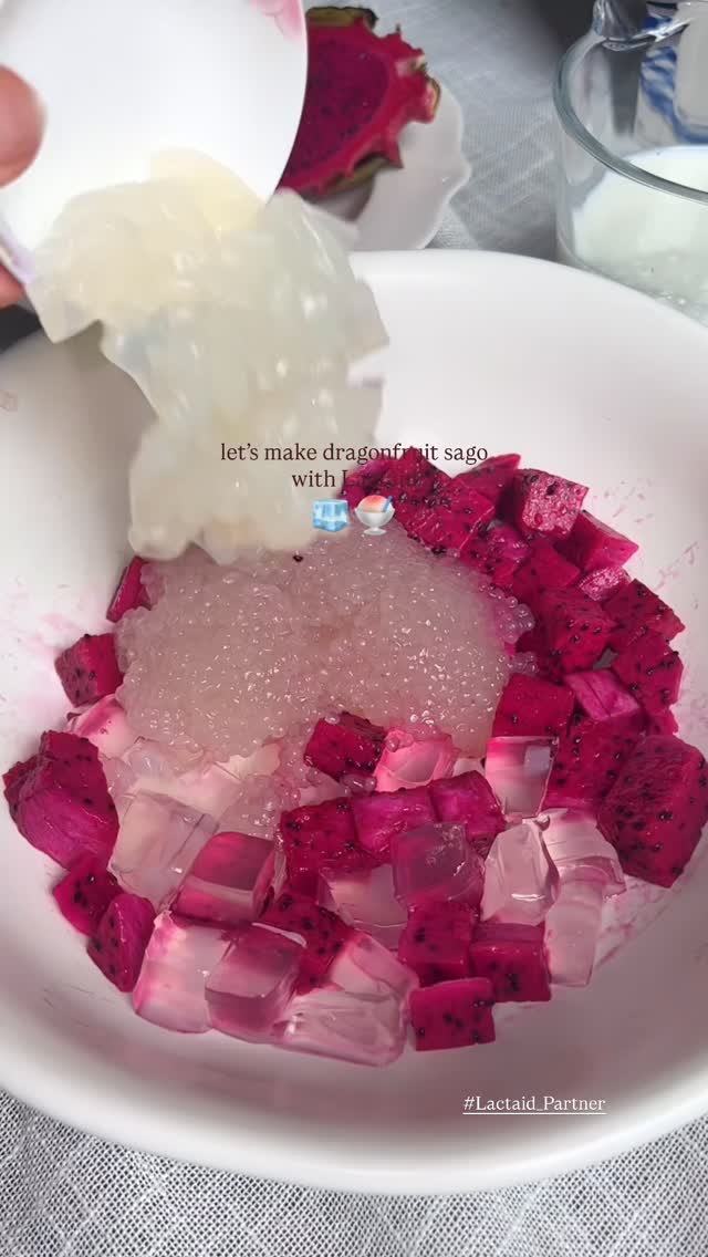 Instagram post by @homemeide for LACTAID. Caption reads: Dragon Fruit Sago in partnership with @lactaid....