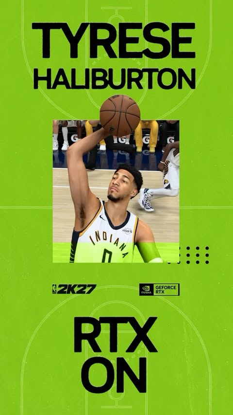 Instagram post by @tyresehaliburton for NVIDIA GeForce. Caption reads: [...] Made in NBA 2K27 with DLSS 5 on NVIDIA....