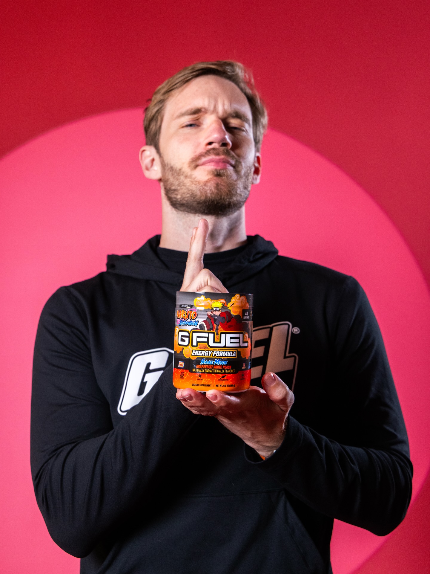 Instagram post by @pewdiepie for G FUEL. Caption reads: 🔥 🔥 🔥 @gfuelenergy.