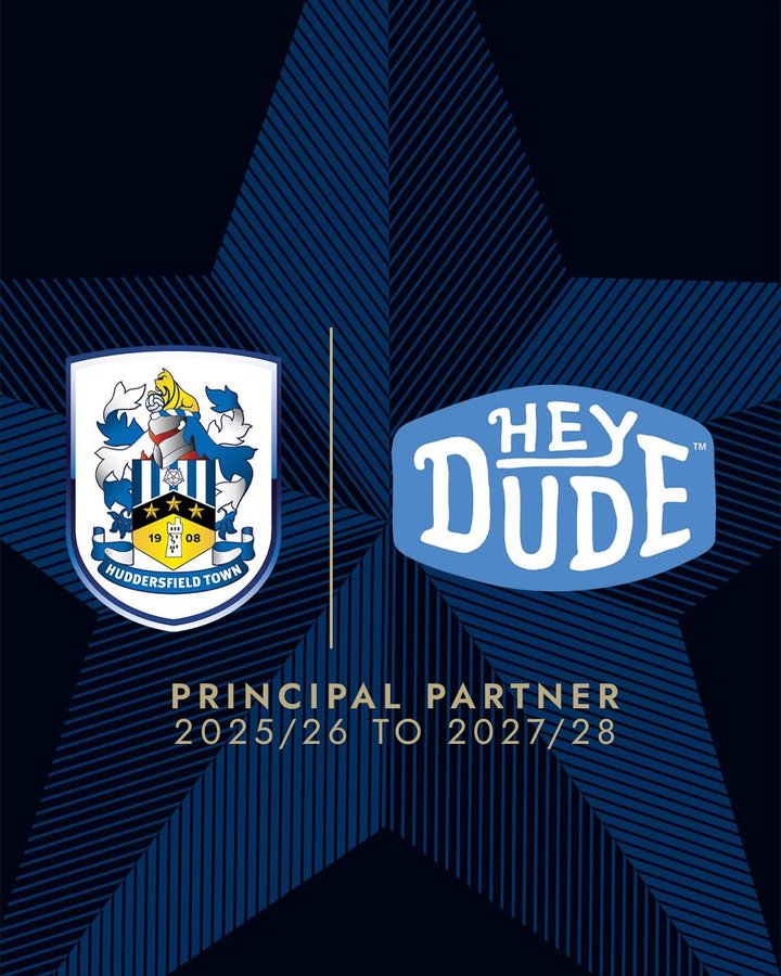 Instagram post by @htafc for HEYDUDE. Caption reads: [...] announce global casual footwear brand....