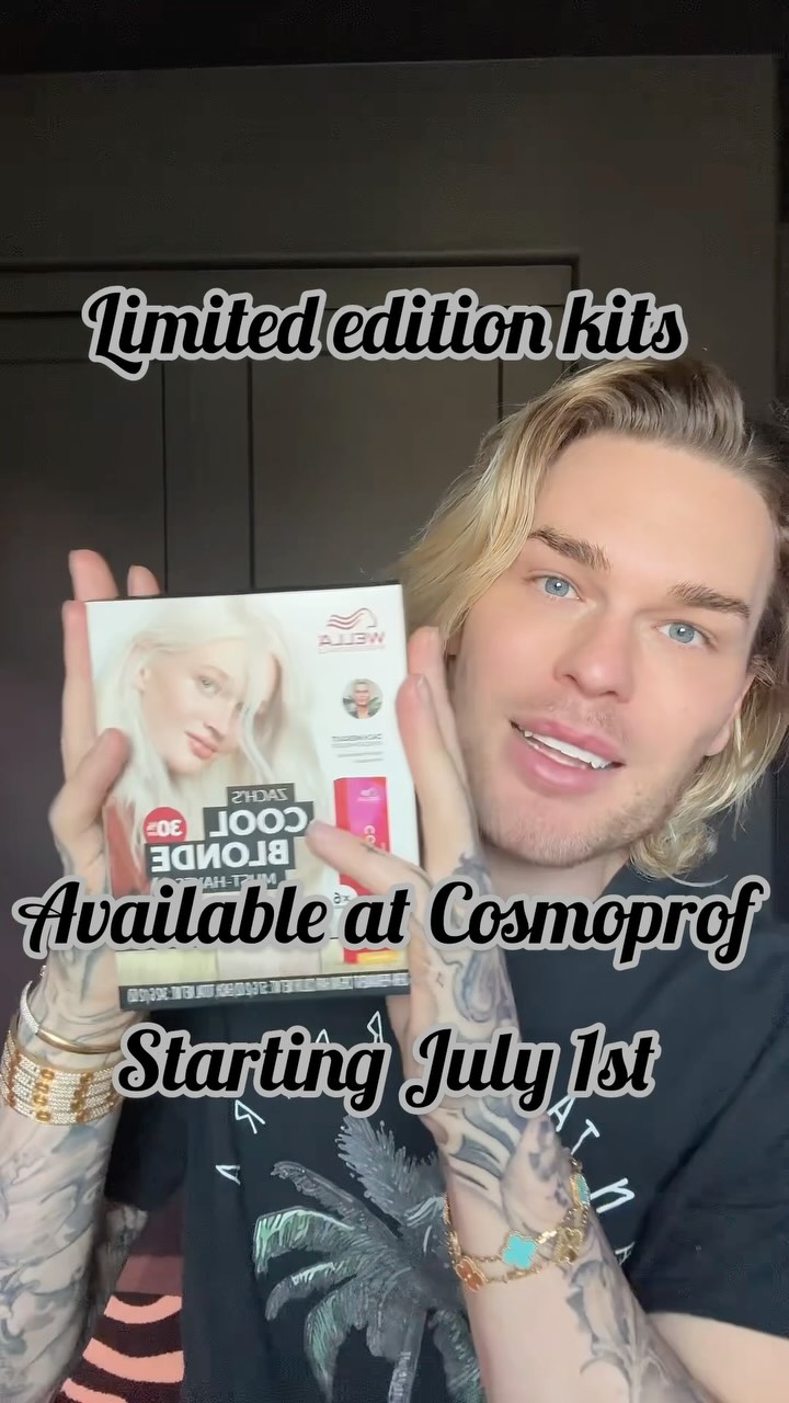 Instagram post by @thezachmesquit for Wella Professionals. Caption reads: My limited edition cool blonde must haves kit with....