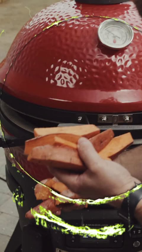 Instagram post by @paulainsw6rth for Kamado Joe. Caption reads: [...] there - sweet potatoes roasted on the....