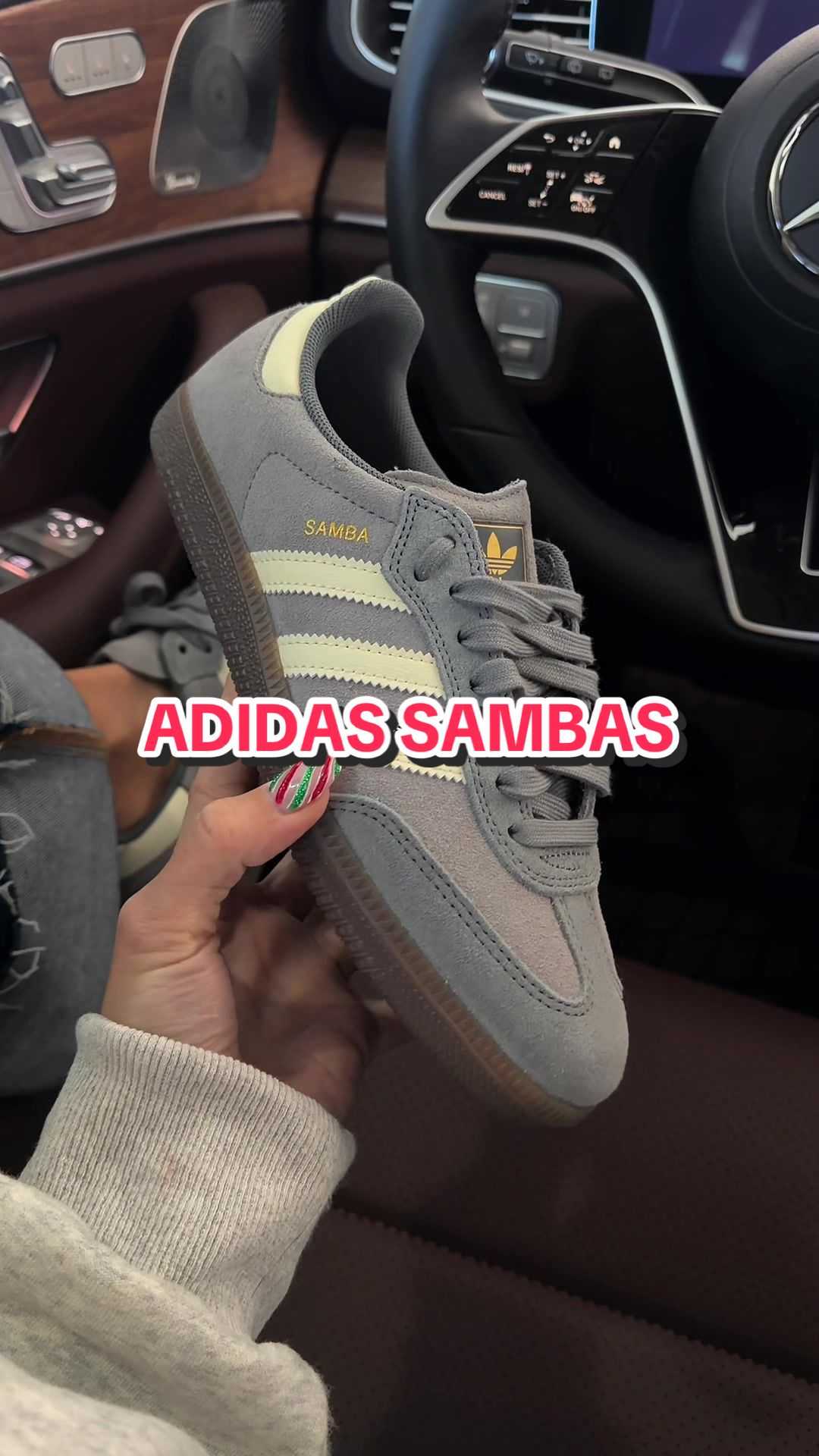 TikTok post by @kenlyealtumofficial for Tillys. Caption reads: These Grey Adidas Sambas?! 😮‍💨 @Tillys  #adidas....