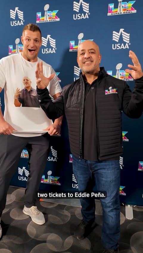 Instagram post by @gronk for USAA. Caption reads: [...] Eddie in Tampa to catching up in the USAA....