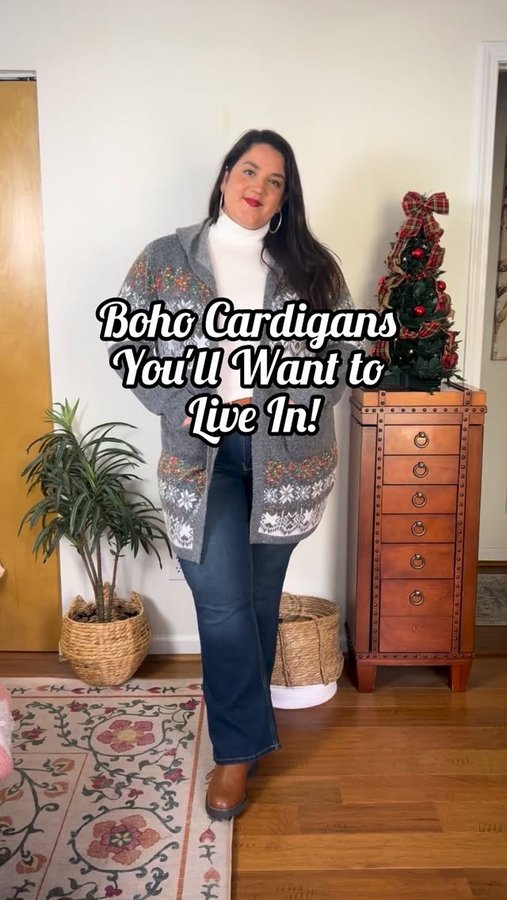 Instagram post by @laura.m.clifford for BloomChic. Caption reads: #AD| These cardigans are SO soft and cozy!....