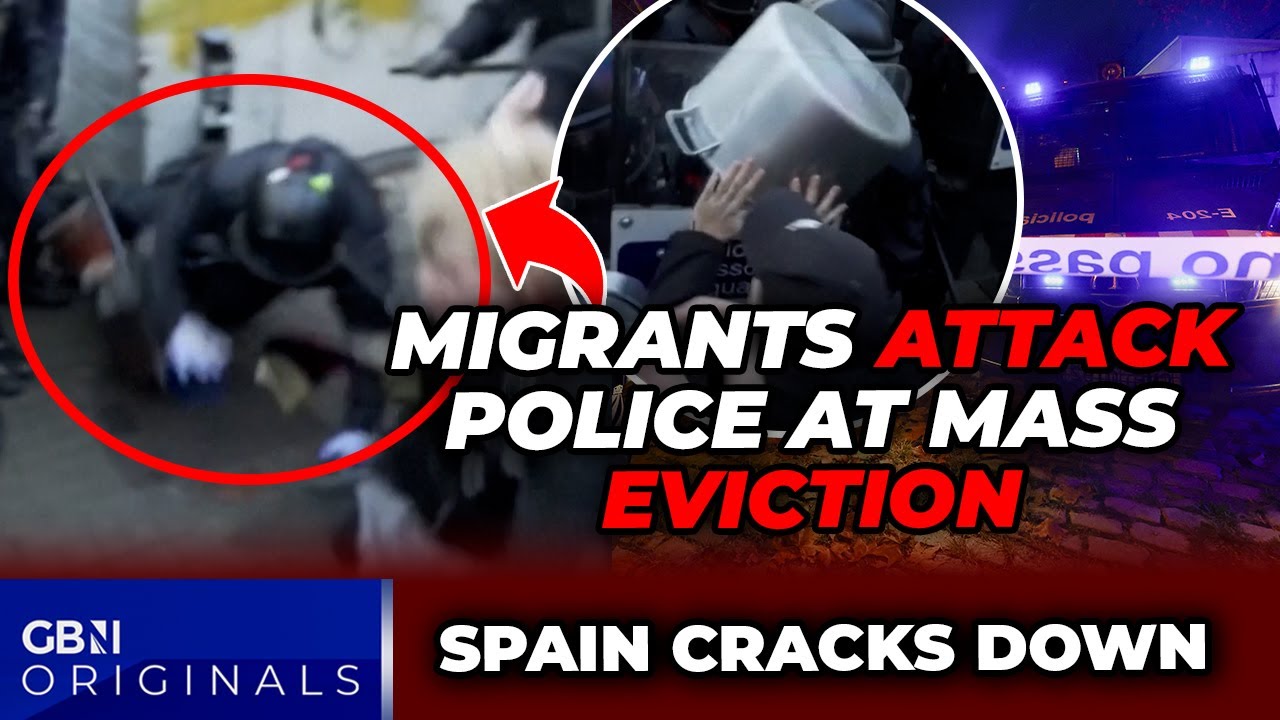 YouTube post by @GBNewsOnline for ExpressVPN. Caption reads: WATCH: Migrant MOB rush police and pelt officers....