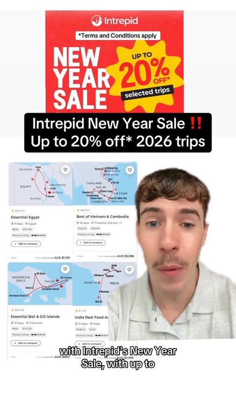 Instagram post by @savvynotstingy for Intrepid Travel. Caption reads: Intrepid’s New Year Sale is on now! Score up to....