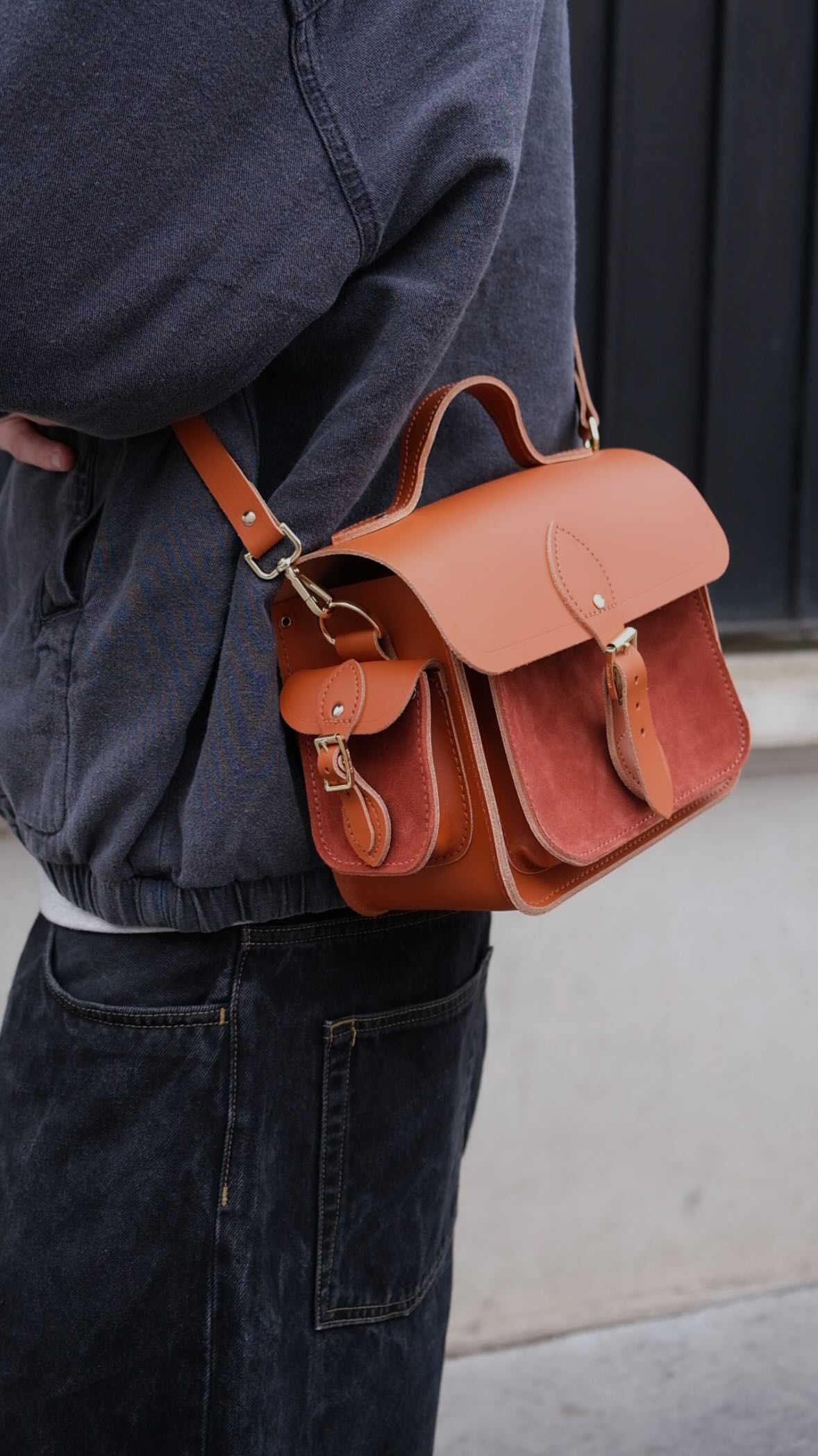 Instagram post by @adrien.aucouturier for Cambridge Satchel. Caption reads: autumn outfits >>>
bag @cambridge_satchel (gifted)....