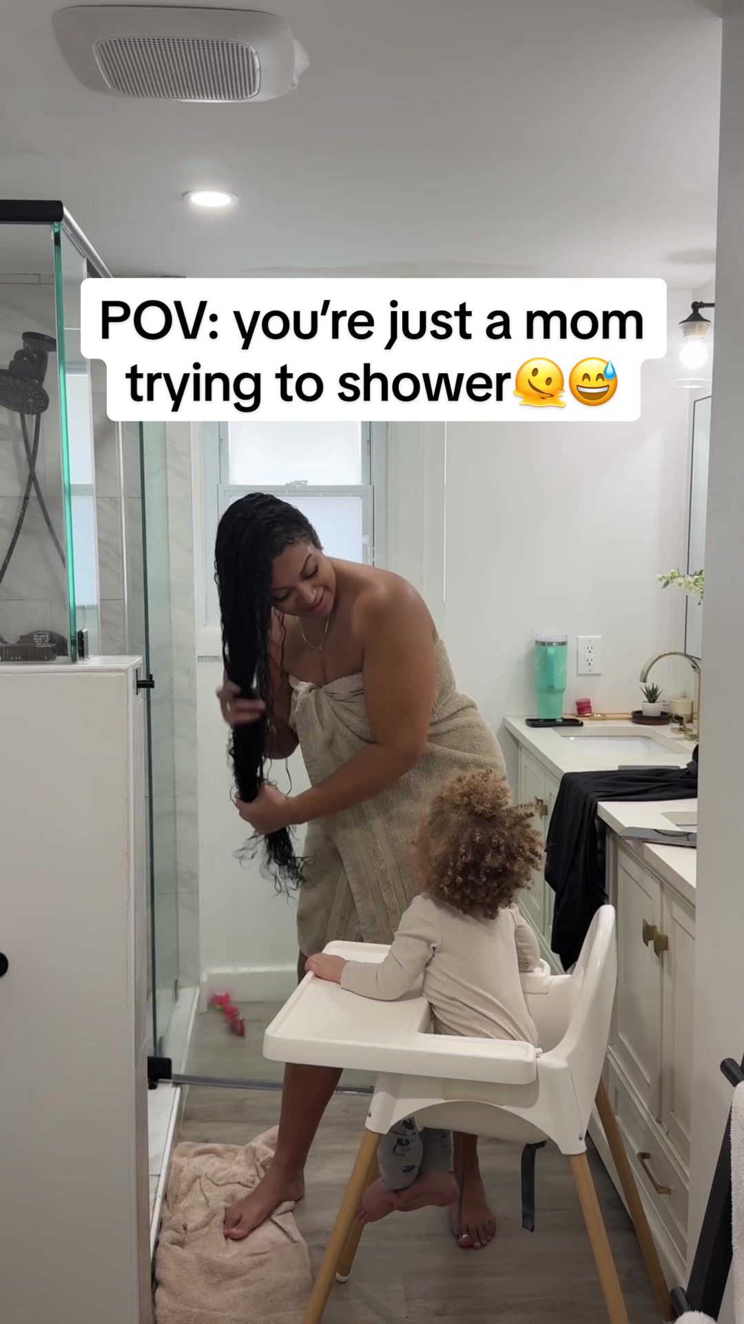 TikTok post by @kathlynceleste for Raw Sugar Living. Caption reads: Just a mom, trying to shower in peace… with a VIP....