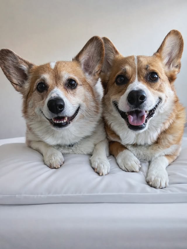 Instagram post by @benji.the.corgs for PeachSkinSheets. Caption reads: [...] bed — since Mahm upgraded it with....
