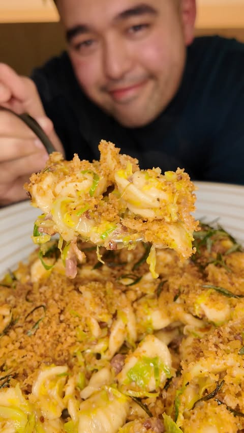 Instagram post by @_jsproule for Le Creuset. Caption reads: Festive pasta series ep. 1: Brussels sprouts &....