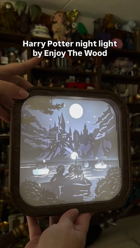 Instagram post by @hermionegrangerswitchcraft for Enjoy The Wood. Caption reads: [...] “Journey to Hogwarts” night light by....