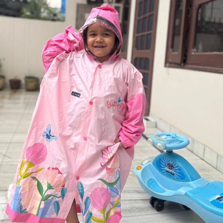 Instagram post by @foodiemommy_baby for Pine Kids. Caption reads: [...] I have chosen Raincoat from firstcry of....