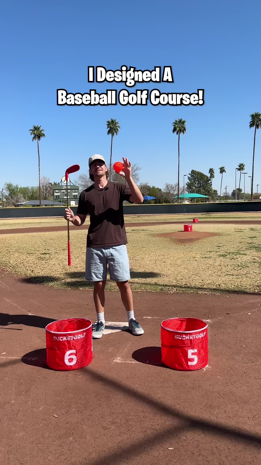 TikTok post by @samjagodagolf for Bucketgolf Game. Caption reads: [...] on a baseball diamond!! Using the....