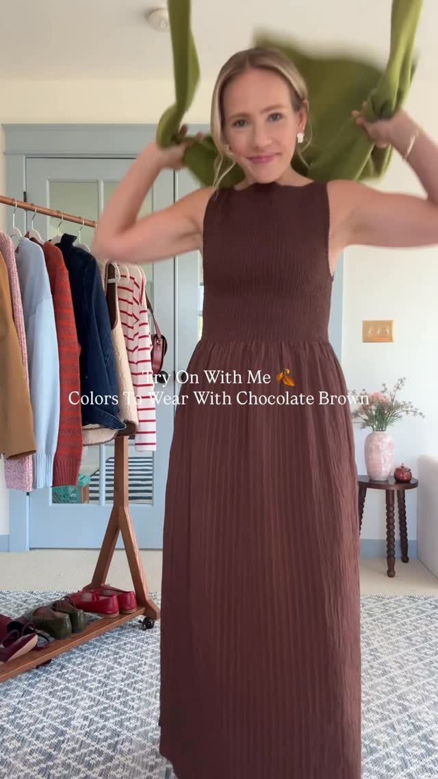 Instagram post by @clairelately for Hill House Home. Caption reads: Pulled out my closet workhorse chocolate brown....